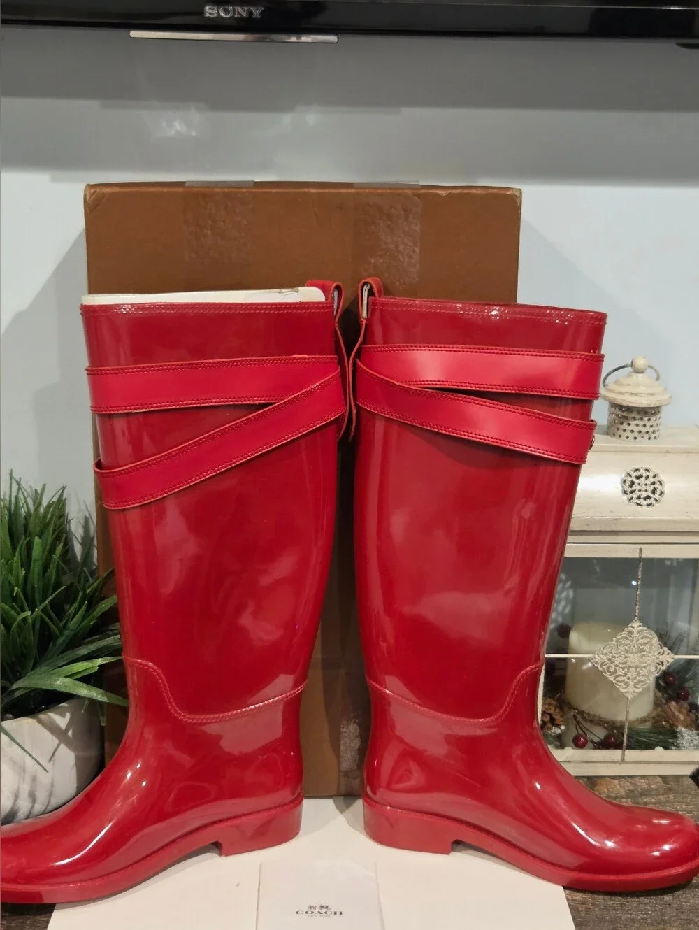 Coach Talia True Red Rain Boots with Gold Hardware
